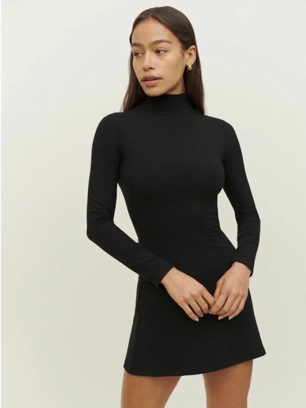 Reformation Maya Mini Ribbed Knit Long Sleeve Black Mini Dress Size S